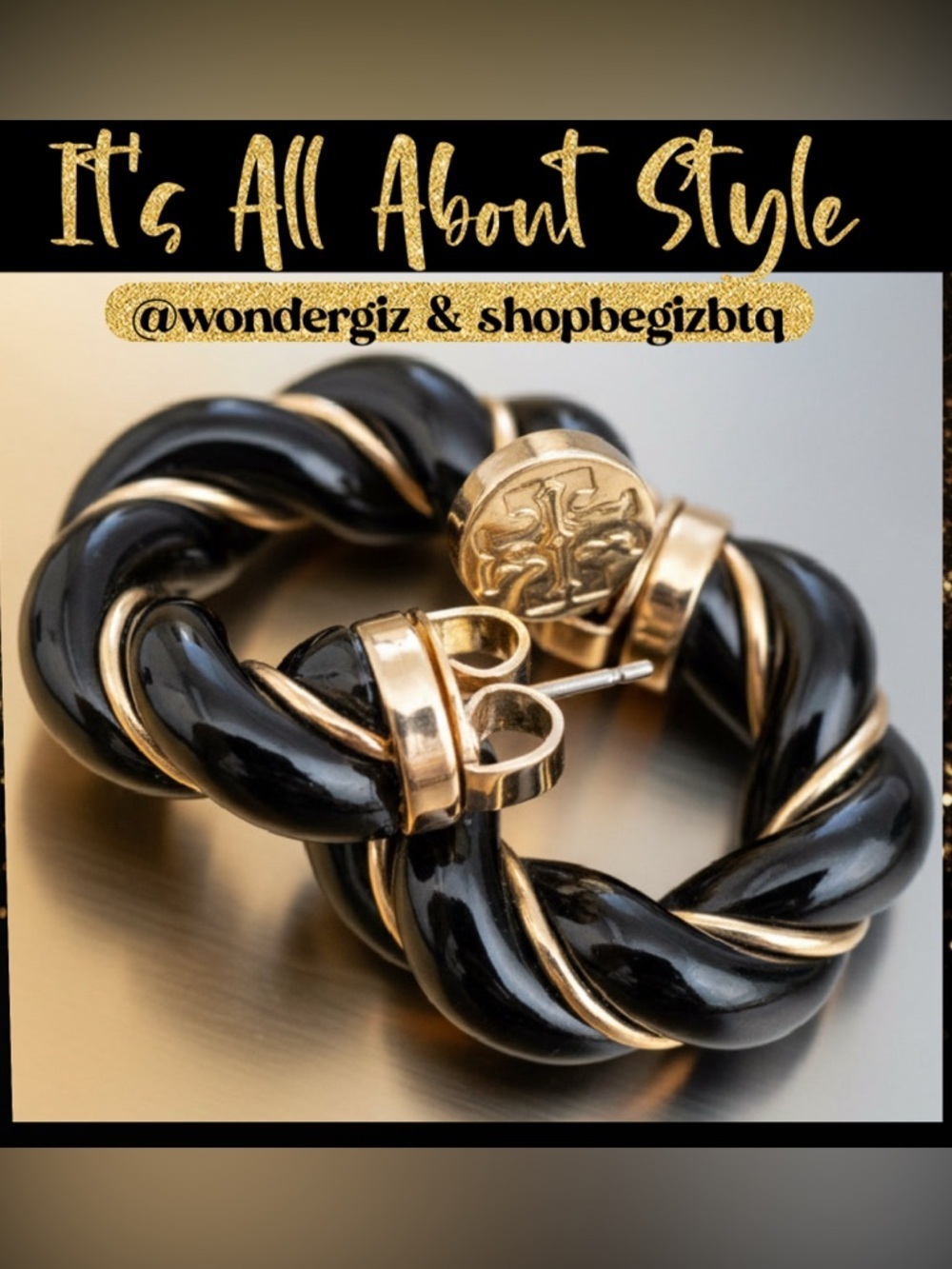 Authentic Tory Burch Black and Gold Textured Rope Hoop Earrings NWT - Picture 5 of 14